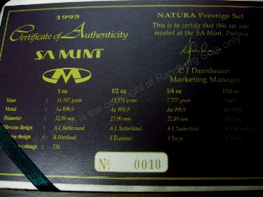 1995 Gold Proof Rhino Natura Presige Set Certificate no 18