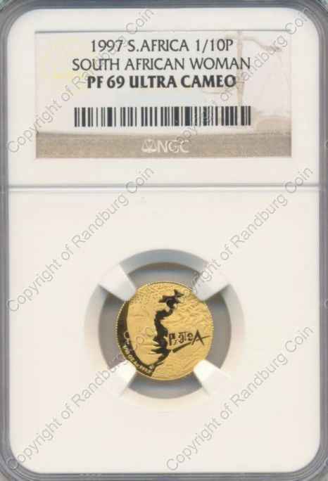 1997_1tenth_oz_PF69_SA_Woman_Protea_Slab_coin_ob