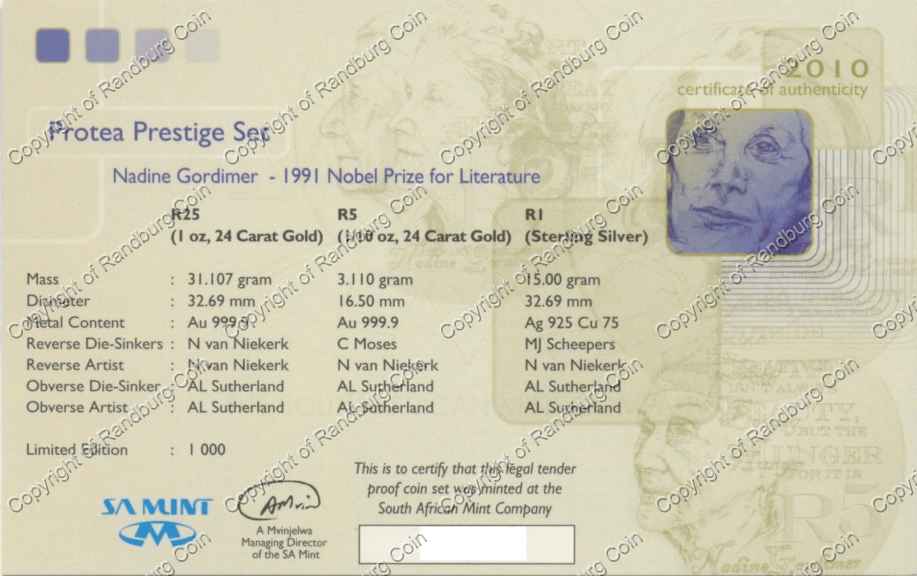 2010_Gold_Protea_Prestige_Set_Nadine_Gordimer_R25_R5_R1_Cert_ob.jpg