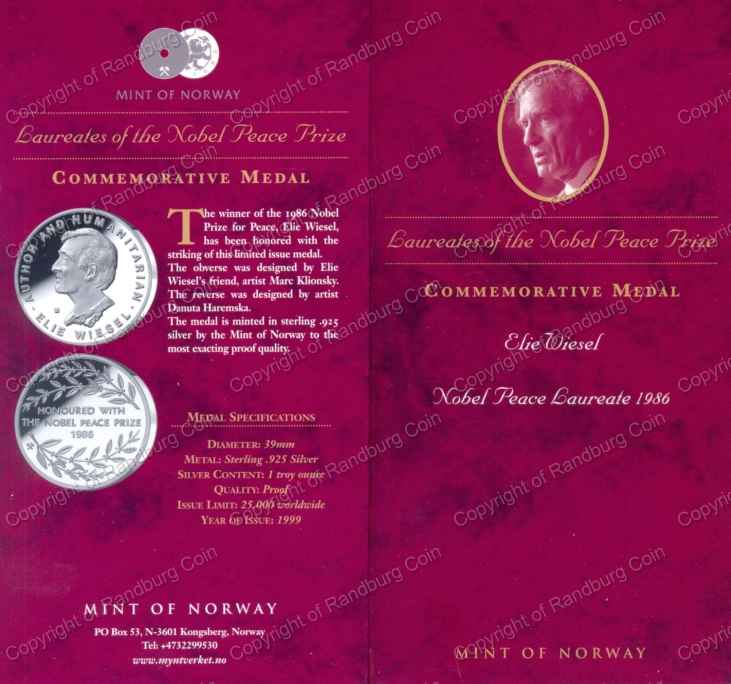 1999_Elie_Wiesel_Silver_Nobel_Comm_Medal_Mint_Norway_folder