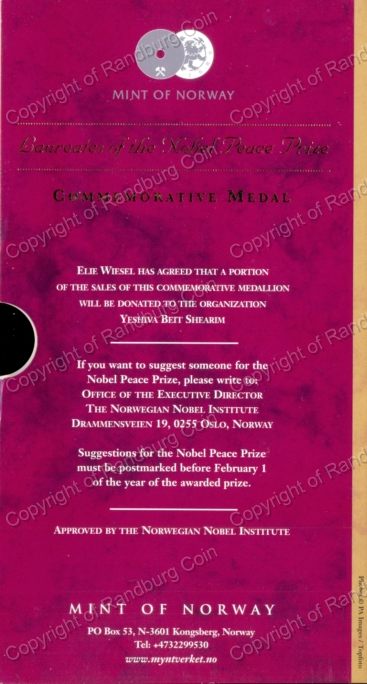1999_Elie_Wiesel_Silver_Nobel_Comm_Medal_Mint_Norway_folder_sleeve_rev