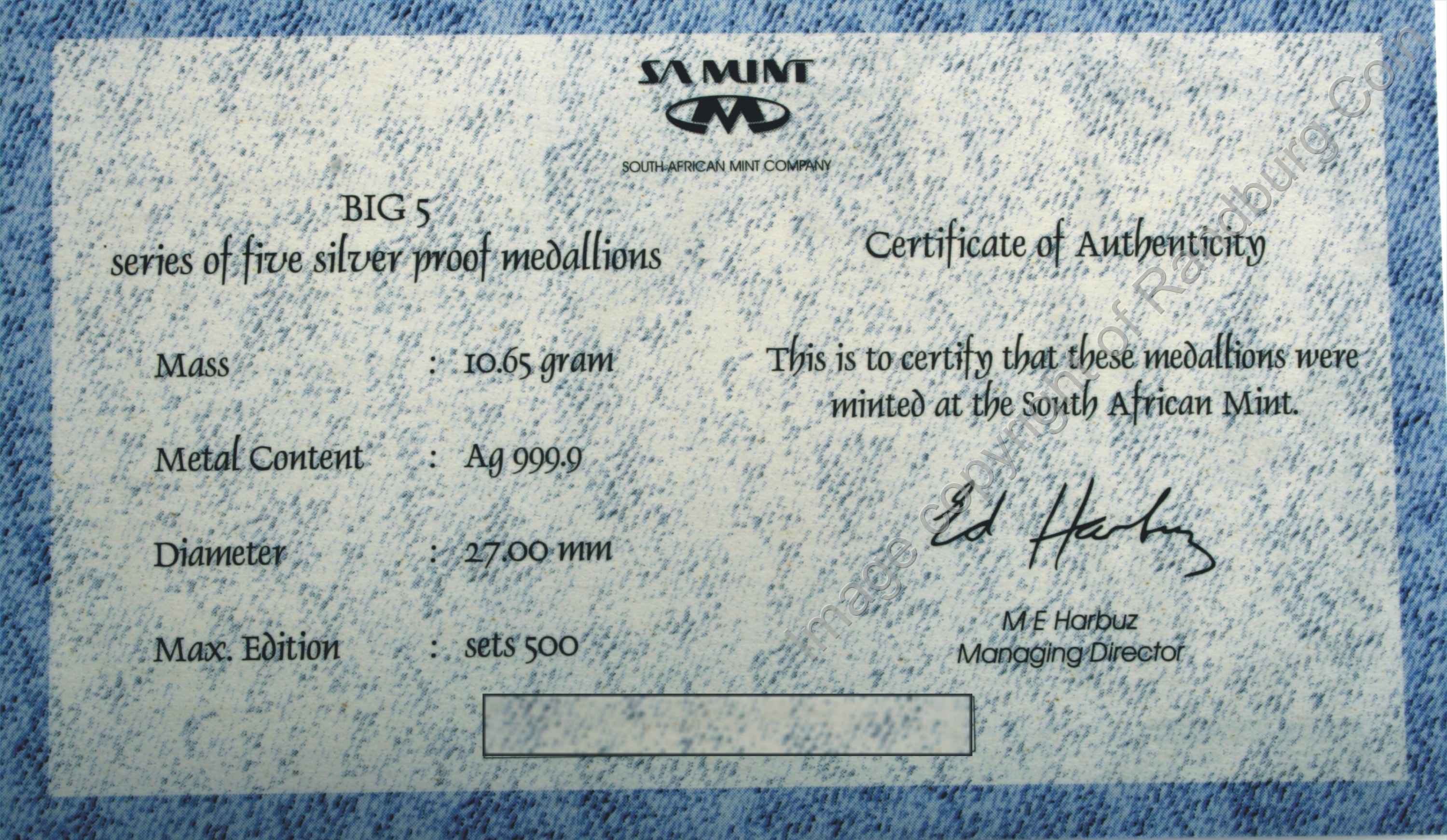SA_Silver_Proof_Big5_Medallion_Certificate