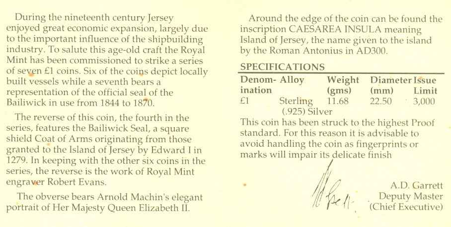 Jersey_1992_1_pound_silver_proof_Bailiwick_seal_cert_rev