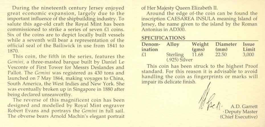 Jersey_1993_1_pound_silver_proof_Gemini_cert_rev