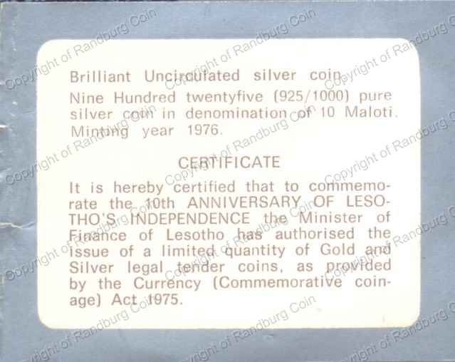 Lesotho_1976_Unc_10_Maloti_10th_anniversary_of_Independence_Cert_rev