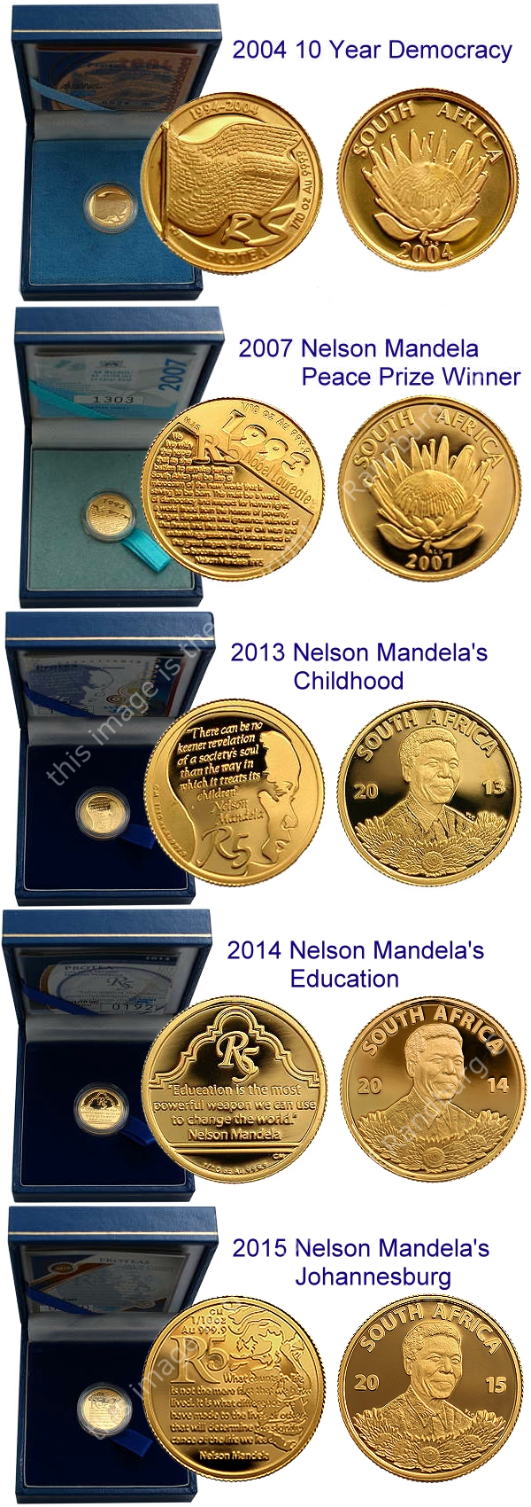 2004 2007 2013 2014 2015 Mandela S A Mint Gold Proof R5 Tenth oz coins