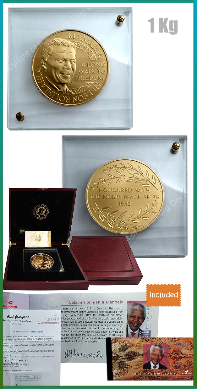 2005 Gold 1 Kilo Mandela Long Walk to Freedom Medal with Stamp Booklet
