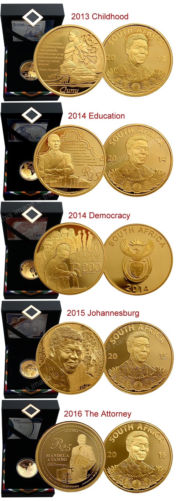 2013 to 2016 1oz Gold Proof Mandela Life of a Legend Protea coins