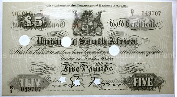 1921 to 1926 Gold Certificate Set Union of South Africa PMG Grades Five Pound a