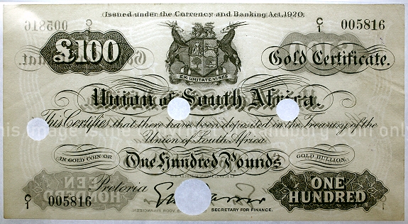 1921 to 1926 Gold Certificate Set Union of South Africa PMG Grades Hundred Pound a