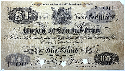 1921 to 1926 Gold Certificate Set Union of South Africa PMG Grades One Pound a