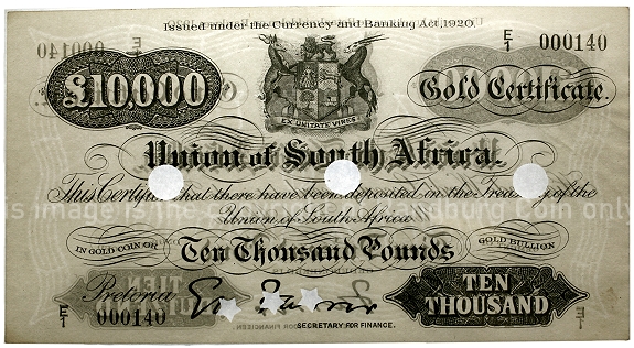 1921 to 1926 Gold Certificate Set Union of South Africa PMG Grades Ten Thousand Pounds a