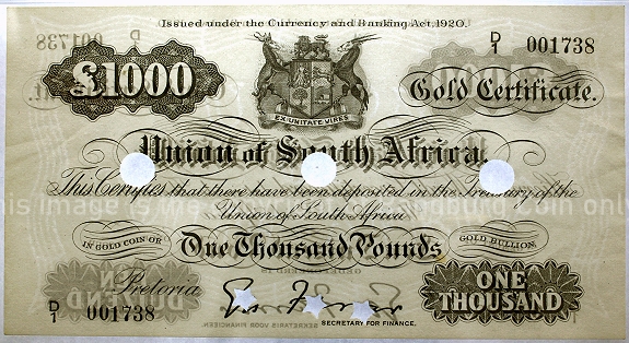 1921 to 1926 Gold Certificate Set Union of South Africa PMG Grades Thousand Pound a