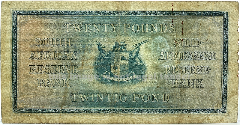 1933 20 Pounds Governor Postmus South African Reserve Bank Note ob aa