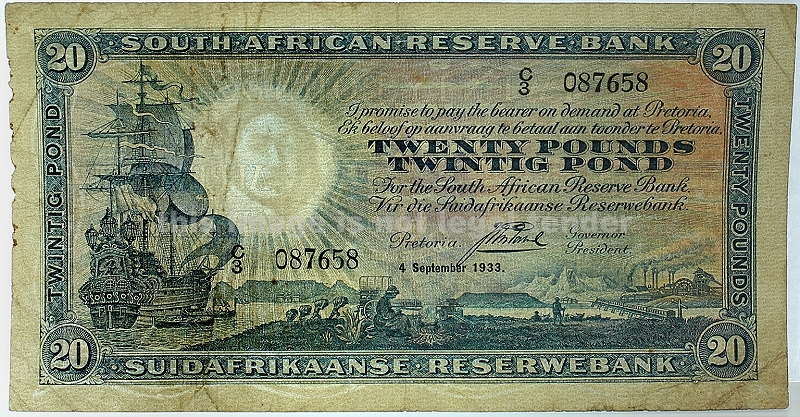 1933 20 Pounds Governor Postmus South African Reserve Bank Note rev aa