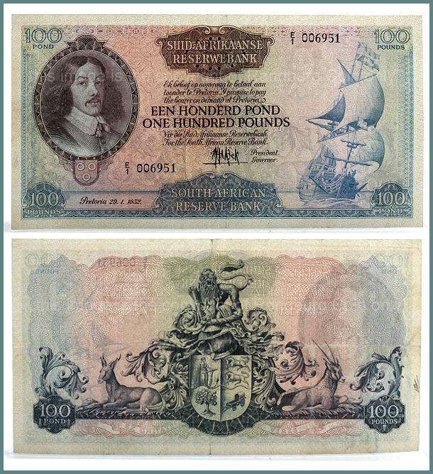 1952 100 Pounds M H De Kock 3rd Issue Union of South Africa Banknote