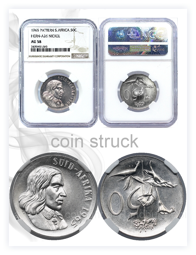 1965 TypeA26 Alternate Language Afrikaans 50c Pattern Republic of South Africa AU58 NGC Graded
