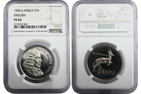 1966 R1 (English Legend) Silver South African Graded PF63 Coin Slabbed ob and rev a