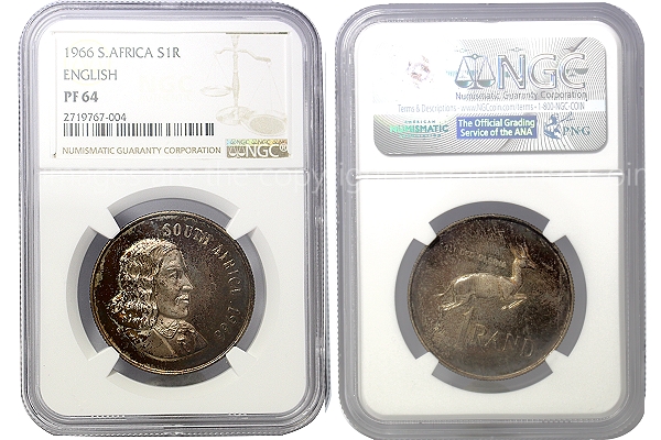 1966 R1 (English Legend) Silver South African Graded PF64 Coin Slabbed ob and rev a