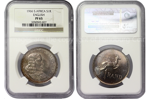 1966 R1 (English Legend) Silver South African Graded PF65 Coin Slabbed ob and rev a
