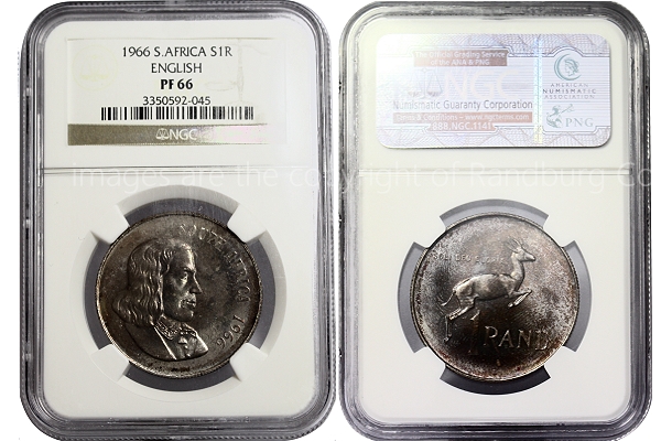 1966 R1 (English Legend) Silver South African Graded PF66 Coin Slabbed ob and rev a