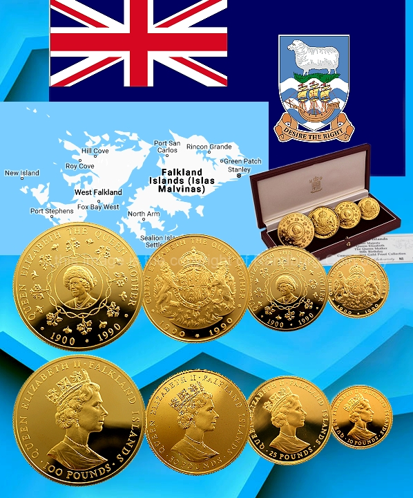 1990 Proof 100 50 25 10 Pound Fine Gold Queen Mother 90th Birthday Falkland Islands set