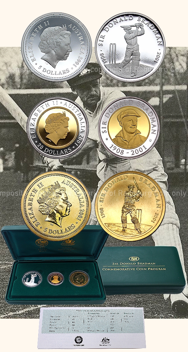 2001 Commemorative 3 Coin Set Sir Donald Bradman 1908 to 2001 Australian Cricketer