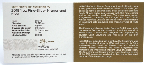 2019 Silver Proof Krugerrand cert rev