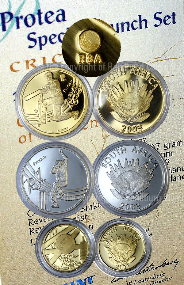 2003 1oz Gold Cricket Protea Special Mintmarked 3 coin Launch Set