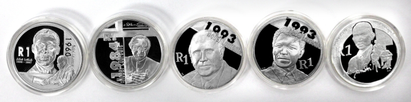 2005 2006 2007 2008 Protea Silver Proof R1 Coins 5X Nobel Prize winners coins in capsules