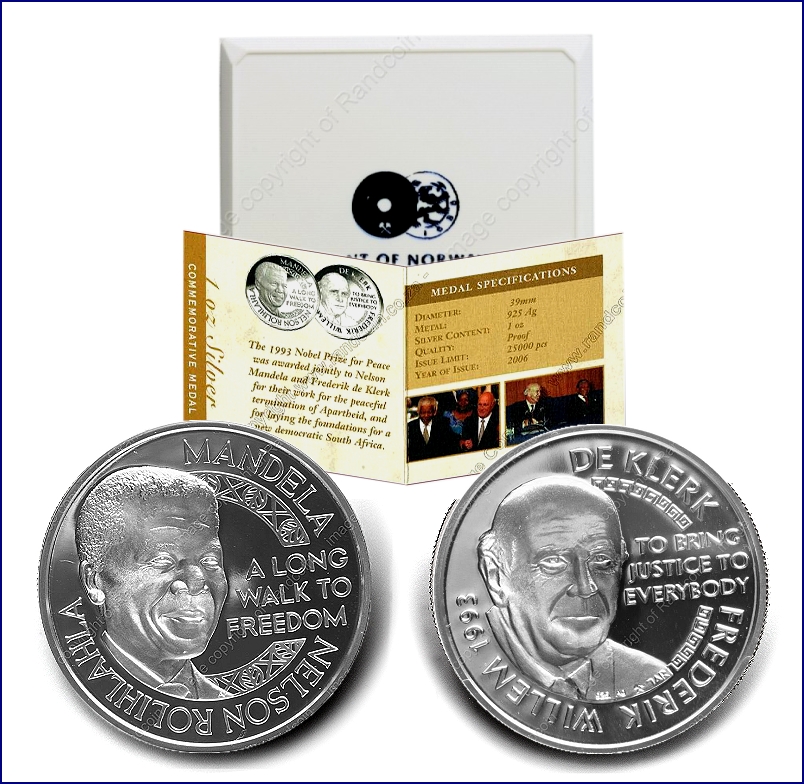 2006 Silver 1oz Mint of Norway Mandela De Klerk 1993 Naobel Laureate