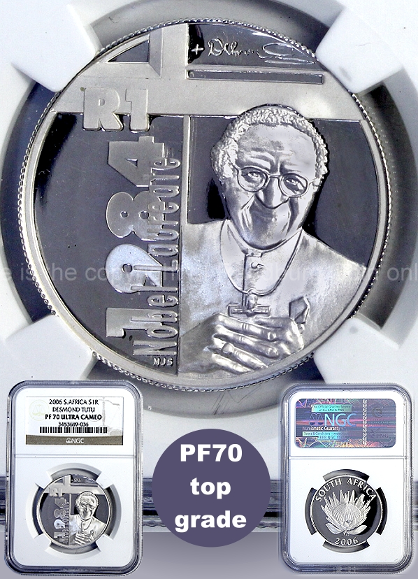 2006 Silver Protea Proof R1 Grade PF 70 Archbishop Tutu 1984 Nobel Laureate cc