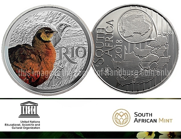 2018 Sterling Silver R10 Man and the Biosphere Coins Waterberg Biosphere Reserve Yellow Throated Sand Grouse a