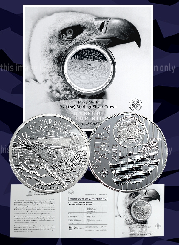 2018 Sterling Silver R2 Man and the Biosphere Coin Waterberg Biosphere Reserve Cape Griffon