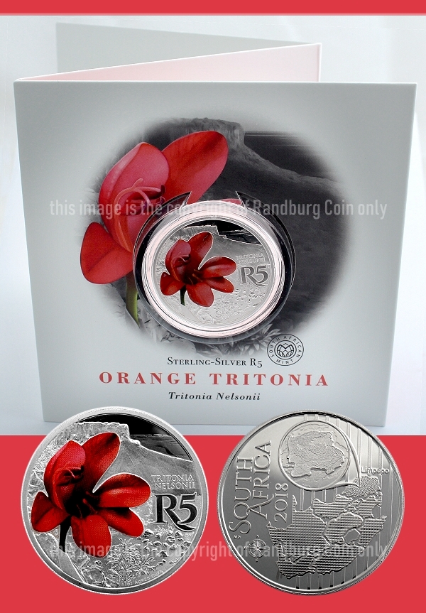 2018 Sterling Silver R5 Man and the Biosphere Coins Waterberg Biosphere Reserve Orange Tritonia