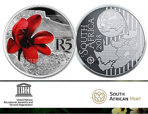 2018 Sterling Silver R5 Man and the Biosphere Coins Waterberg Biosphere Reserve Orange Tritonia a