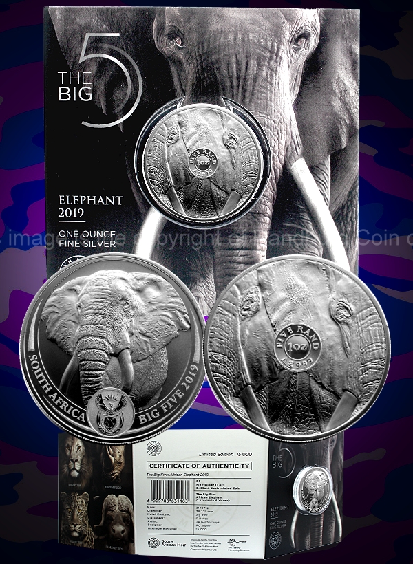 2019 R5 1oz Fine Silver Brilliant Uncirculated Big Five African Elephant