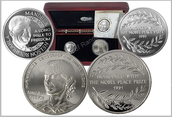 2011 Mandela Platinum Proof Half oz plus Silver Aung San Suu Kyi Medals Mint Norway Twin Set