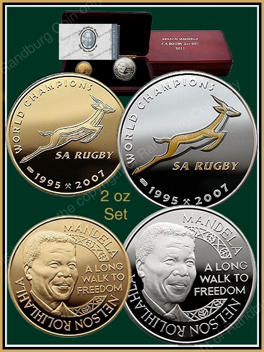 2011 Nelson Mandela 2 oz 24ct Gold Proof SA Rugby Medallion Set