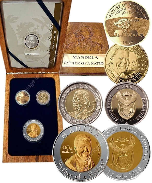 2013 Mandela Gold Proof Quarter oz Mandela Father Nation Medallion plus 2008 R5 and Comm Medal Mint Norway Set a