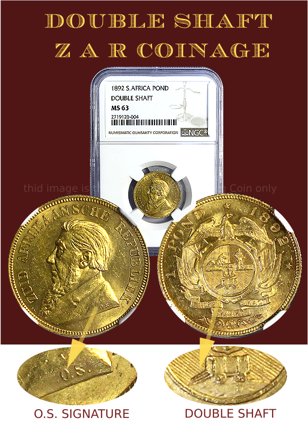 1892 Gold ZAR Kruger Pond Double Shaft Type Graded MS63