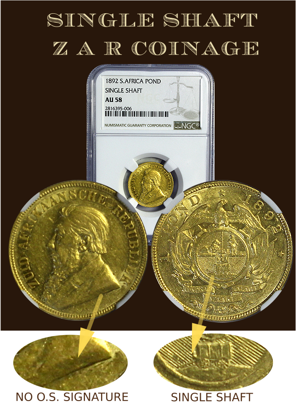 1892 Gold ZAR Kruger Pond Single Shaft Type Graded AU58