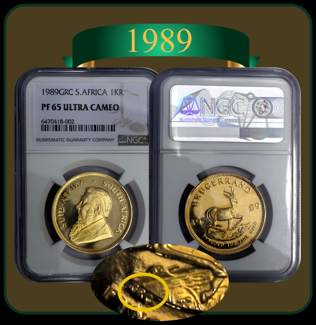 1989 Gold GRC South African Krugerrand Graded PF65 Ultra Cameo