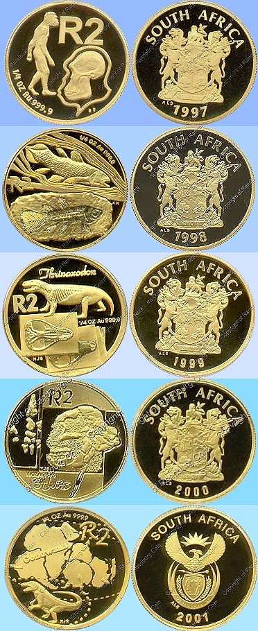 1997 to 2001 SA Gold R2 Quarter oz Paleontological coins