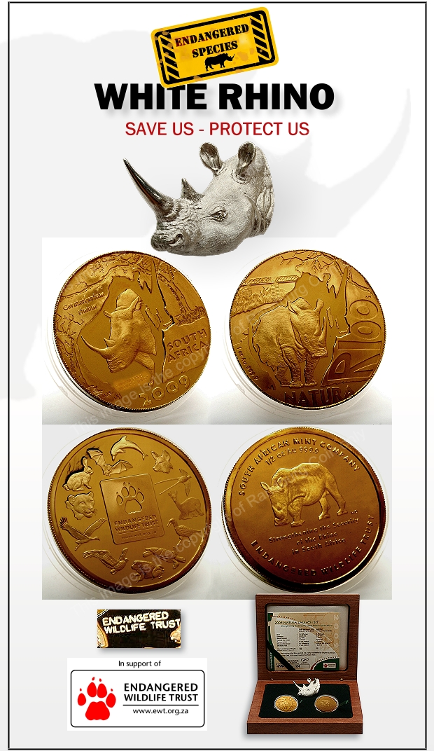 2009_Gold_Proof_White_Rhino_Natura_Launch_Sets_Mintmarked_1oz_Coins_plus medal_and_Silver_Figurine