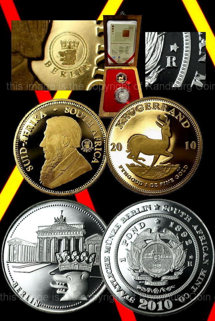 2010 Gold 1oz Proof Krugerrand with Berlin Bear Mint Mark plus 1oz Fine Silver Medallion Launch Set a