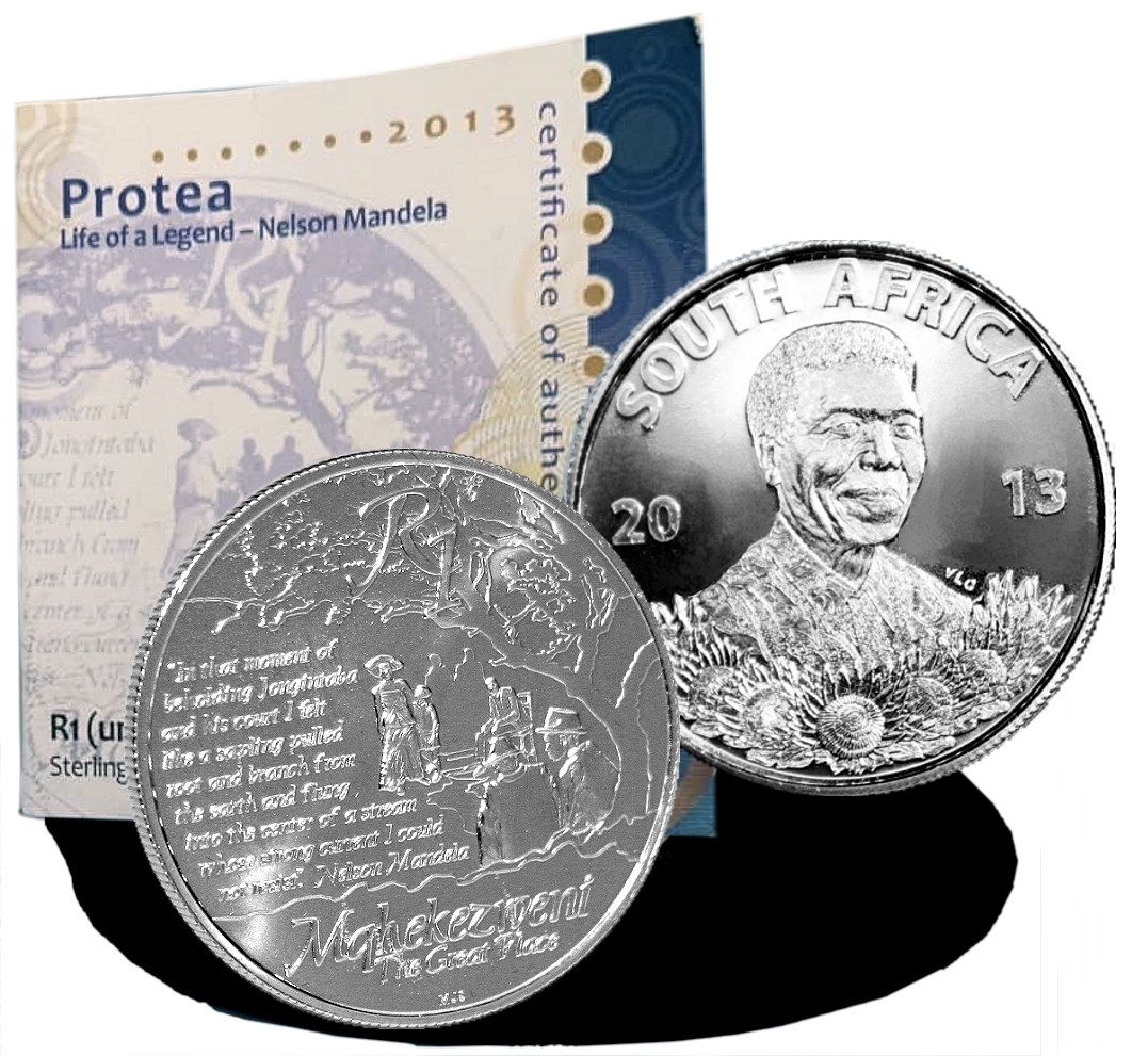 2013 R1 Sterling Silver Mandela Life of a Legend coin and cert rev and ob