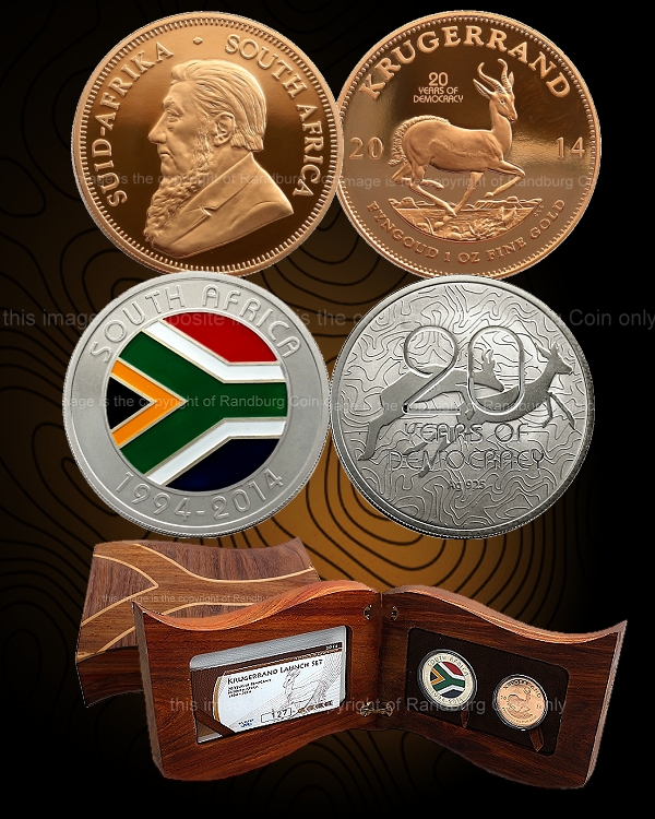 2014 1oz Krugerrand mintmarked plus 1oz Sterling Silver Medallion 20Yr Democracy Launch Set