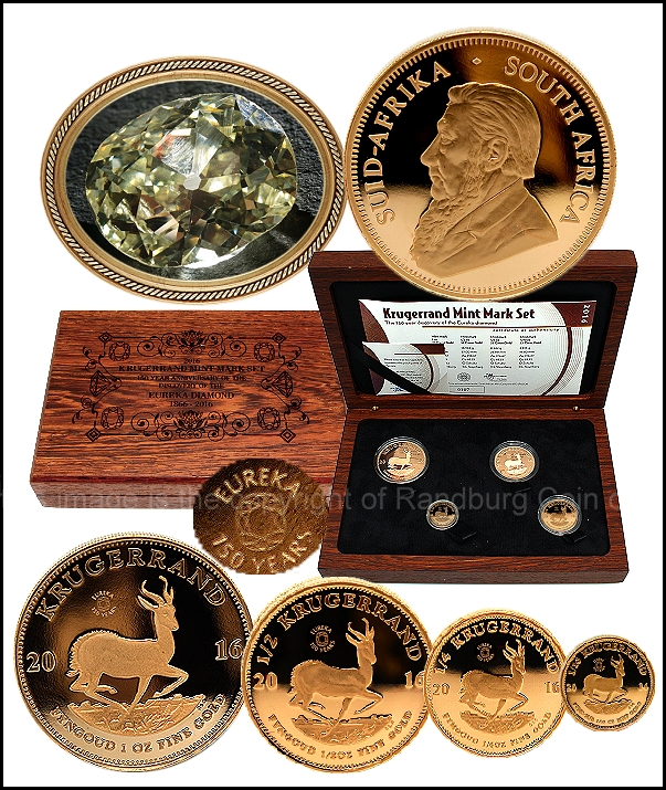 2016 Gold 1oz Half oz Quarter oz Tenth oz Krugerrands 4 Coins 150Yr Anniversary Discovery of Eureka Diamond Set