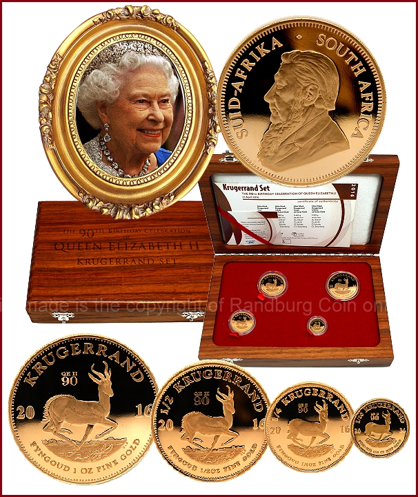 2016 Gold 1oz Half oz Quarter oz Tenth oz Krugerrands 4 Coins 90th Birthday Celebration of Queen Elizabeth II Set